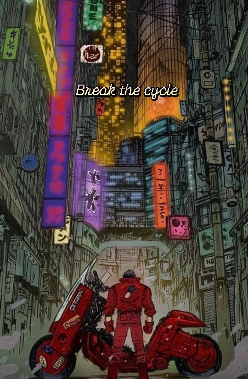Motorbike rider in neon city alley, looking up—gritty resolve.
