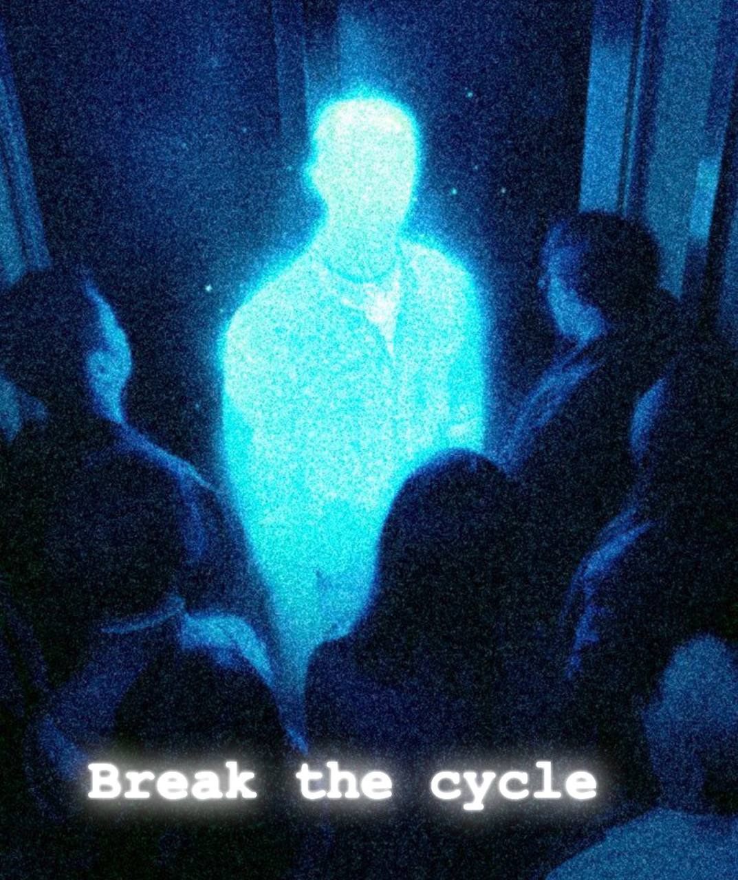 Ethereal cyan figure glowing in dark interior space—spiritual presence.