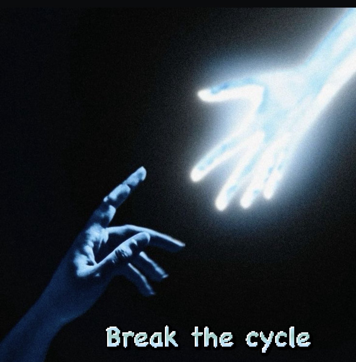 Two hands, one luminous, reaching toward each other in the dark.