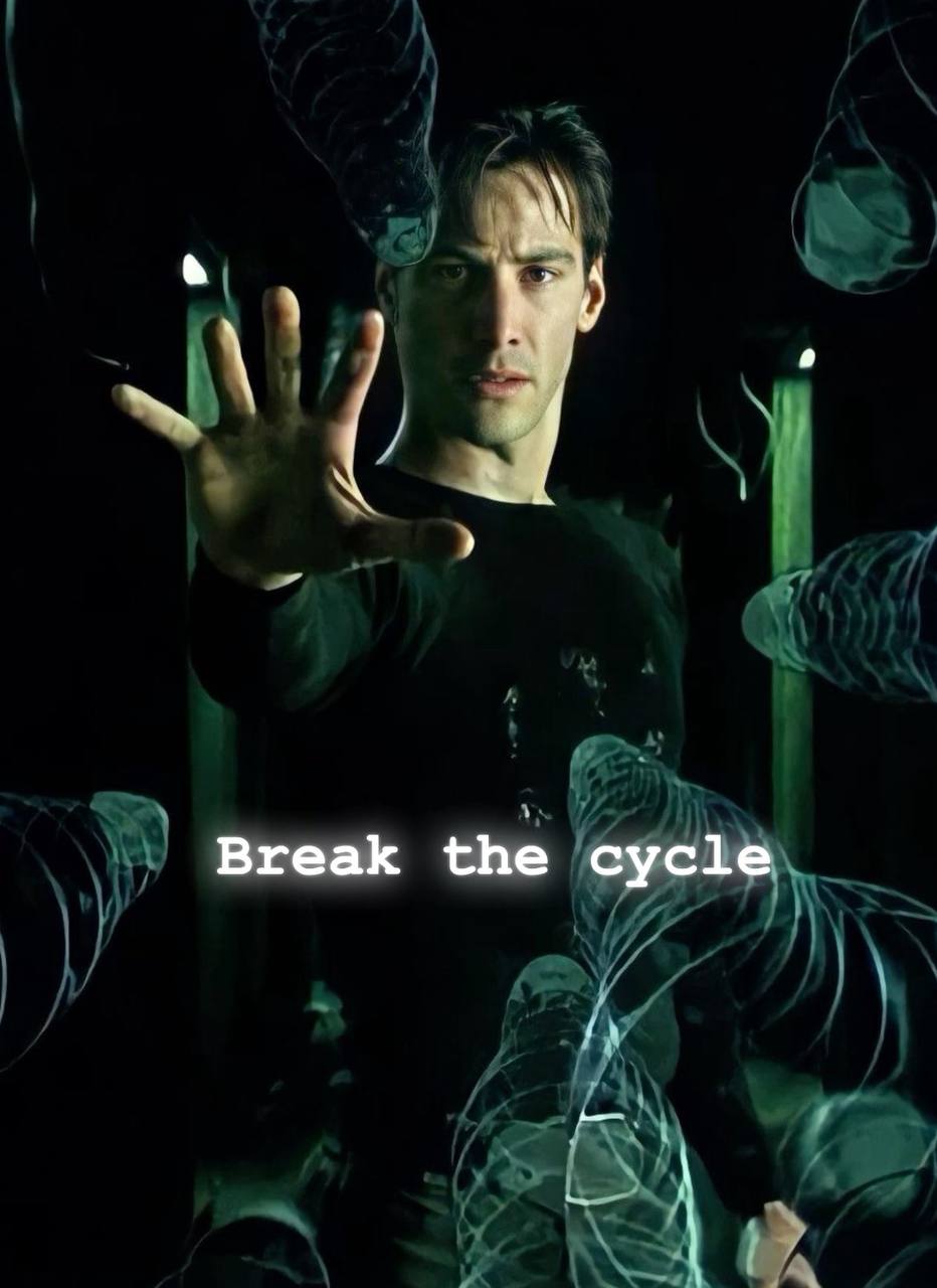 Neo's hand extended in stop gesture, surrounded by flowing Matrix code—digital liberation.